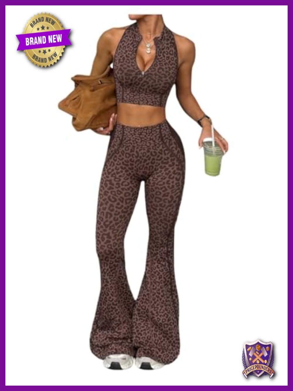 Milumia Women's Cheetah Print Workout Set Crop Tank Top Flare Leggings